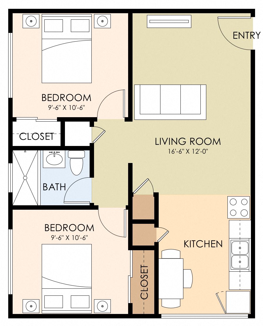 Floor plan for 2 beds, 1 bath, 710 sqft